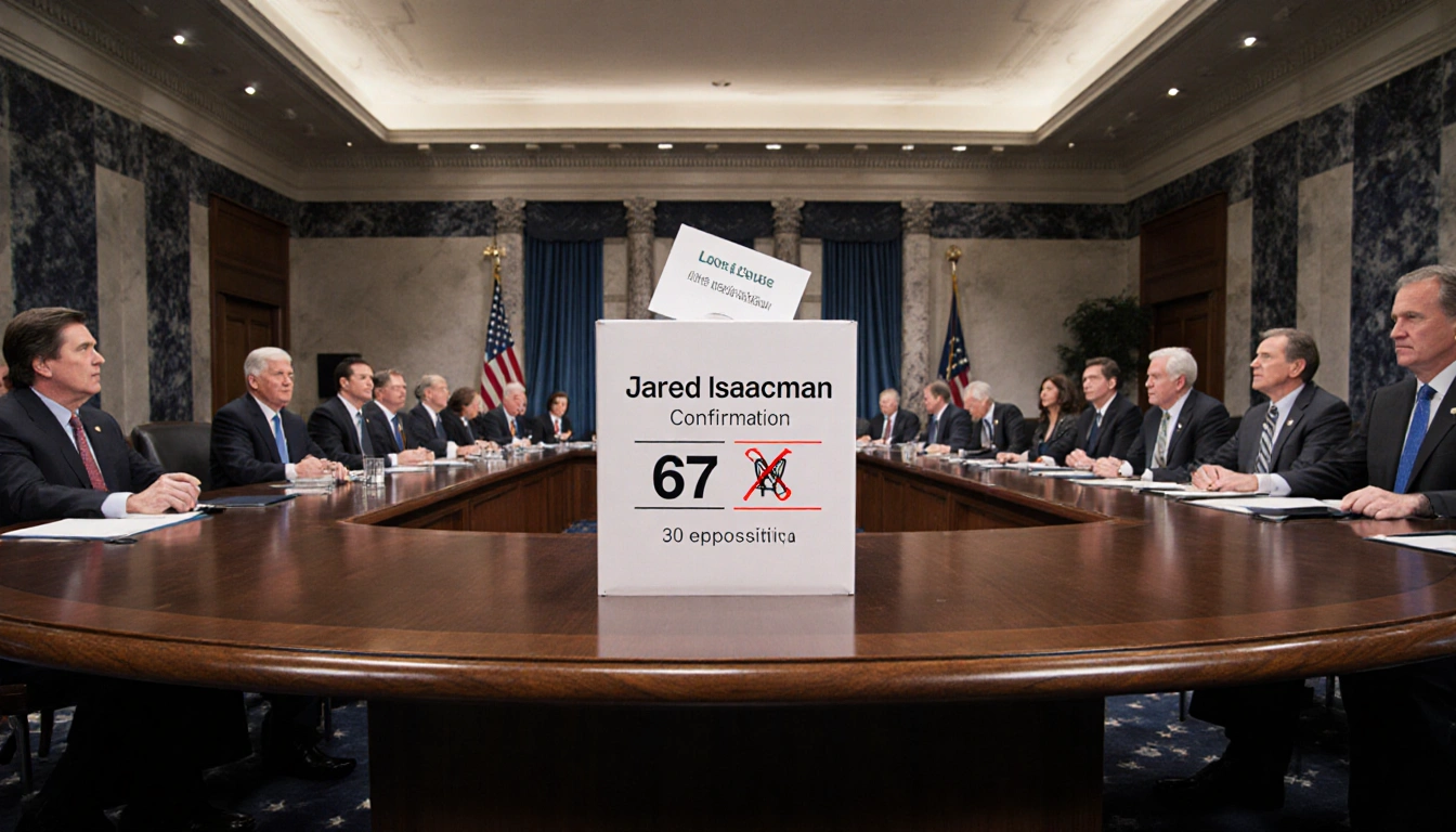 Senators from both parties sit around a wooden table with a ballot box showing 67 votes for confirmation and 30 against