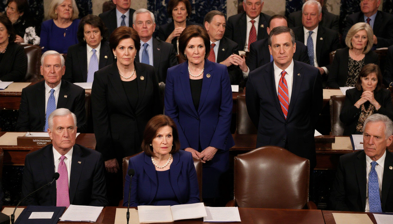 Senators debate in Senate chamber with three Republicans standing apart from Democratic colleagues and a tense 50-50 vote