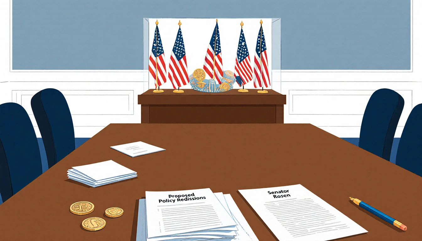 Senate committee room illustration with large wooden table stack of papers and flag display case