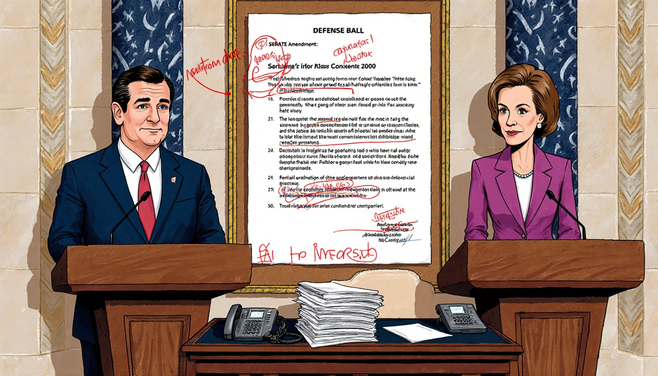 Senators Ted Cruz and Maria Cantwell stand at podiums with a defense bill on a board and red amendment marks showing urgency.