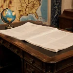 Large ornate wooden desk holding a 3,000-page defense bill with a polished globe and map wall in a grand Senate chamber