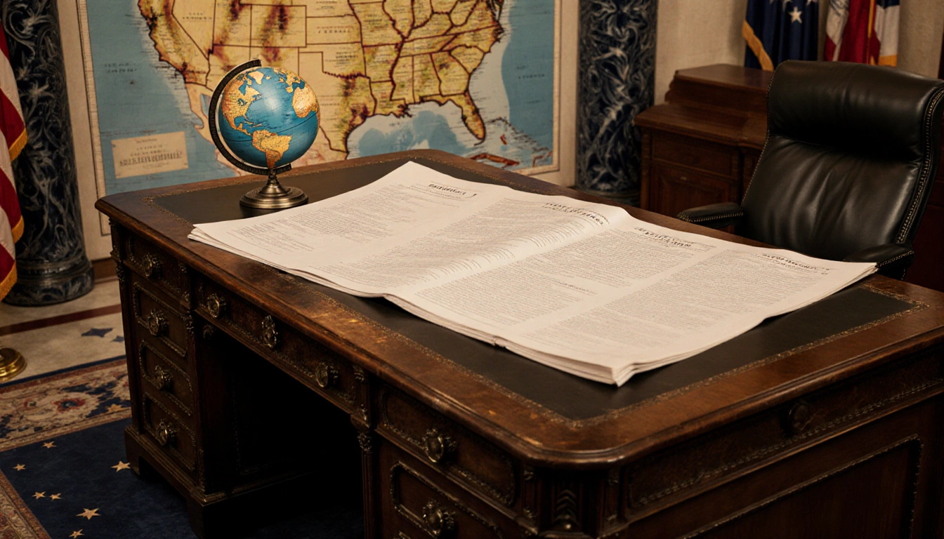 Large ornate wooden desk holding a 3,000-page defense bill with a polished globe and map wall in a grand Senate chamber