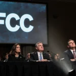 FCC Chairman Brendan Carr stands under a spotlight with stern senators and Jimmy Kimmel looking on during a Senate hearing.