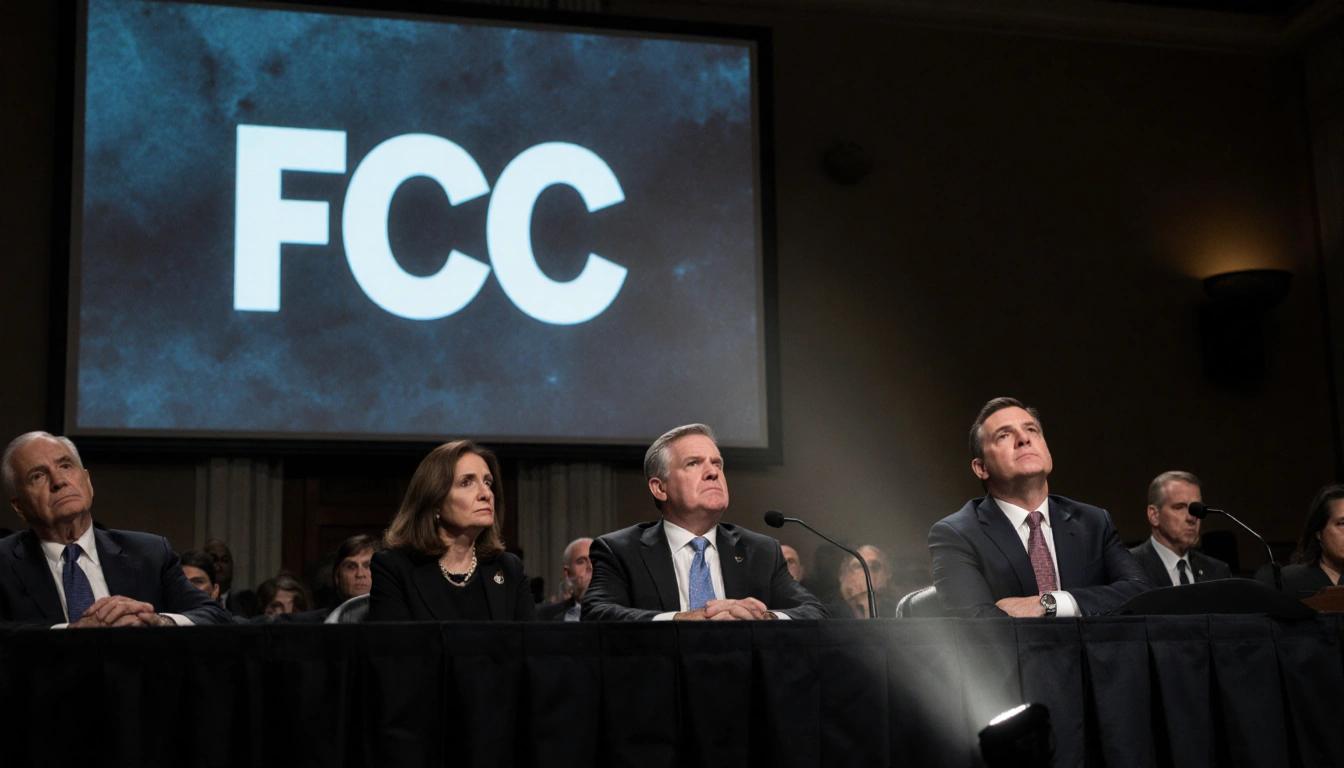 FCC Chairman Brendan Carr stands under a spotlight with stern senators and Jimmy Kimmel looking on during a Senate hearing.