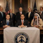 Dignitaries raise hands with pride in the U.S. Senate chamber and tribal leaders near an ornate table.