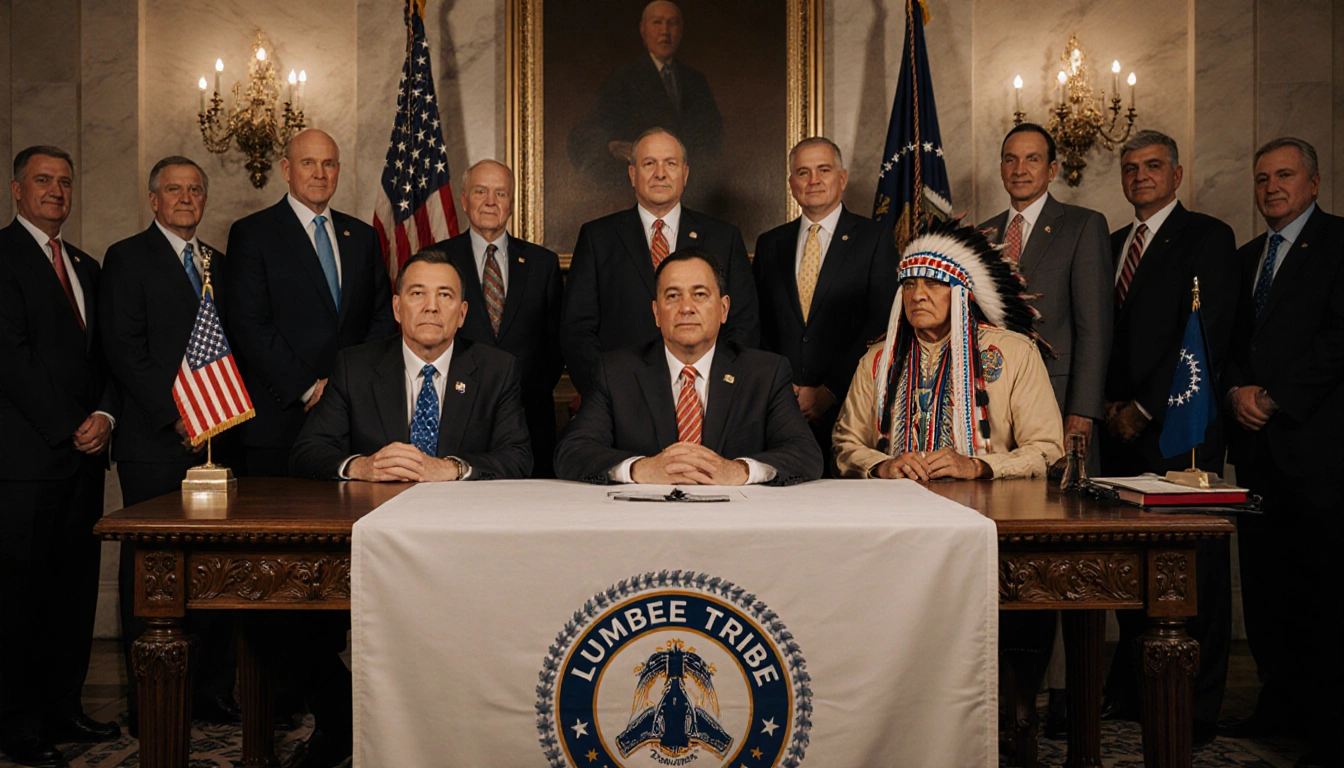 Dignitaries raise hands with pride in the U.S. Senate chamber and tribal leaders near an ornate table.