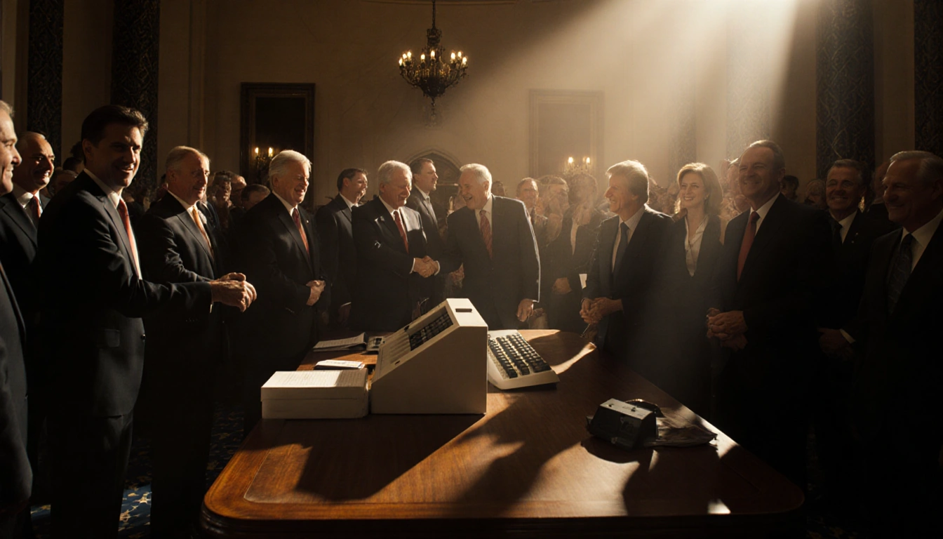 Senators celebrating victory around vote‑counting machine with golden lighting at center of Senate chamber