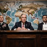 Senator sits at head of table in hearing with Venezuela map behind and US officer and Venezuelan official beside