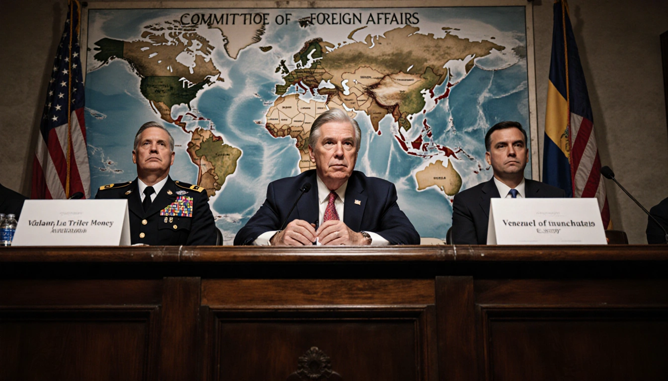 Senator sits at head of table in hearing with Venezuela map behind and US officer and Venezuelan official beside