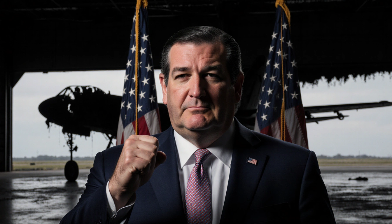 Senator Ted Cruz standing before American flag with clenched fist and hangar backdrop