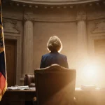 Senator Cynthia Lummis standing alone in dim Wyoming Senate chamber at sunset with warm glow on chair and limp flag