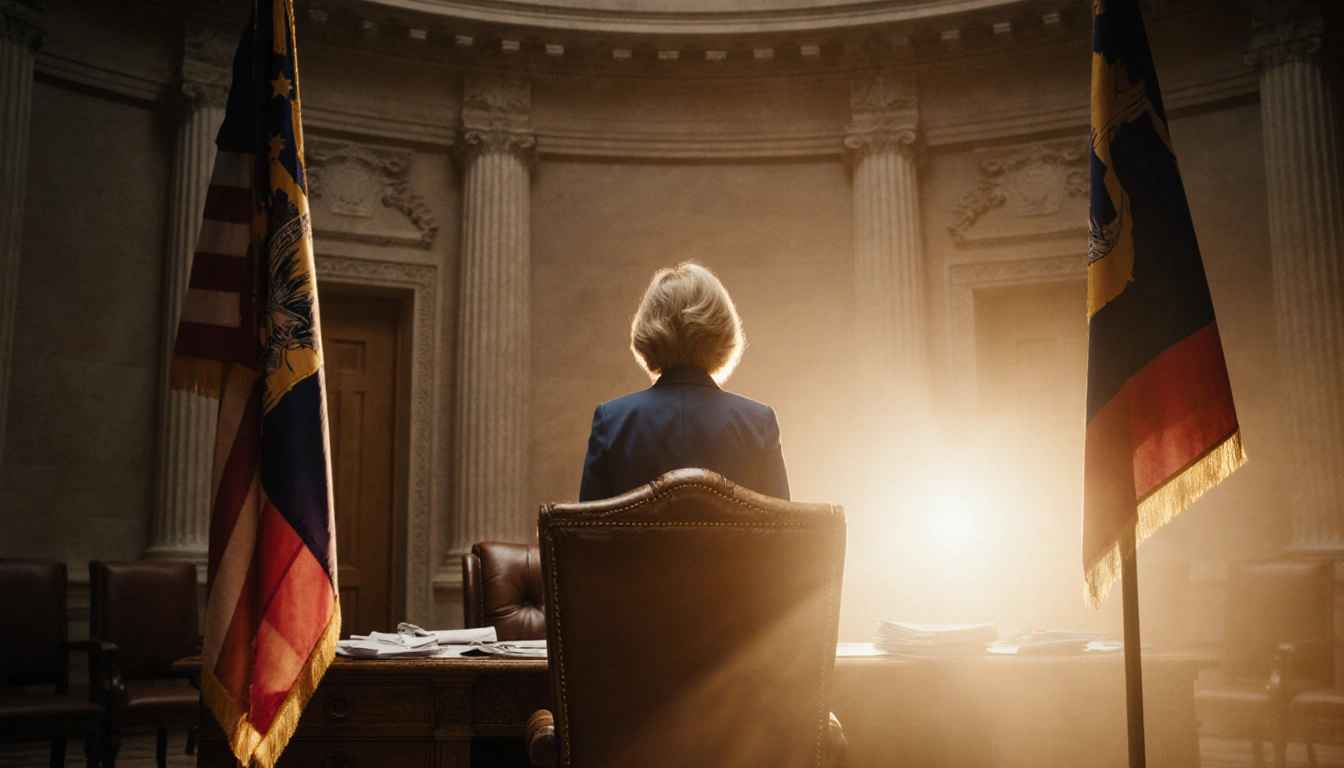 Senator Cynthia Lummis standing alone in dim Wyoming Senate chamber at sunset with warm glow on chair and limp flag