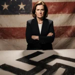 Senator Jacky Rosen stands with arms crossed beside a swastika on the floor and a flag backdrop.