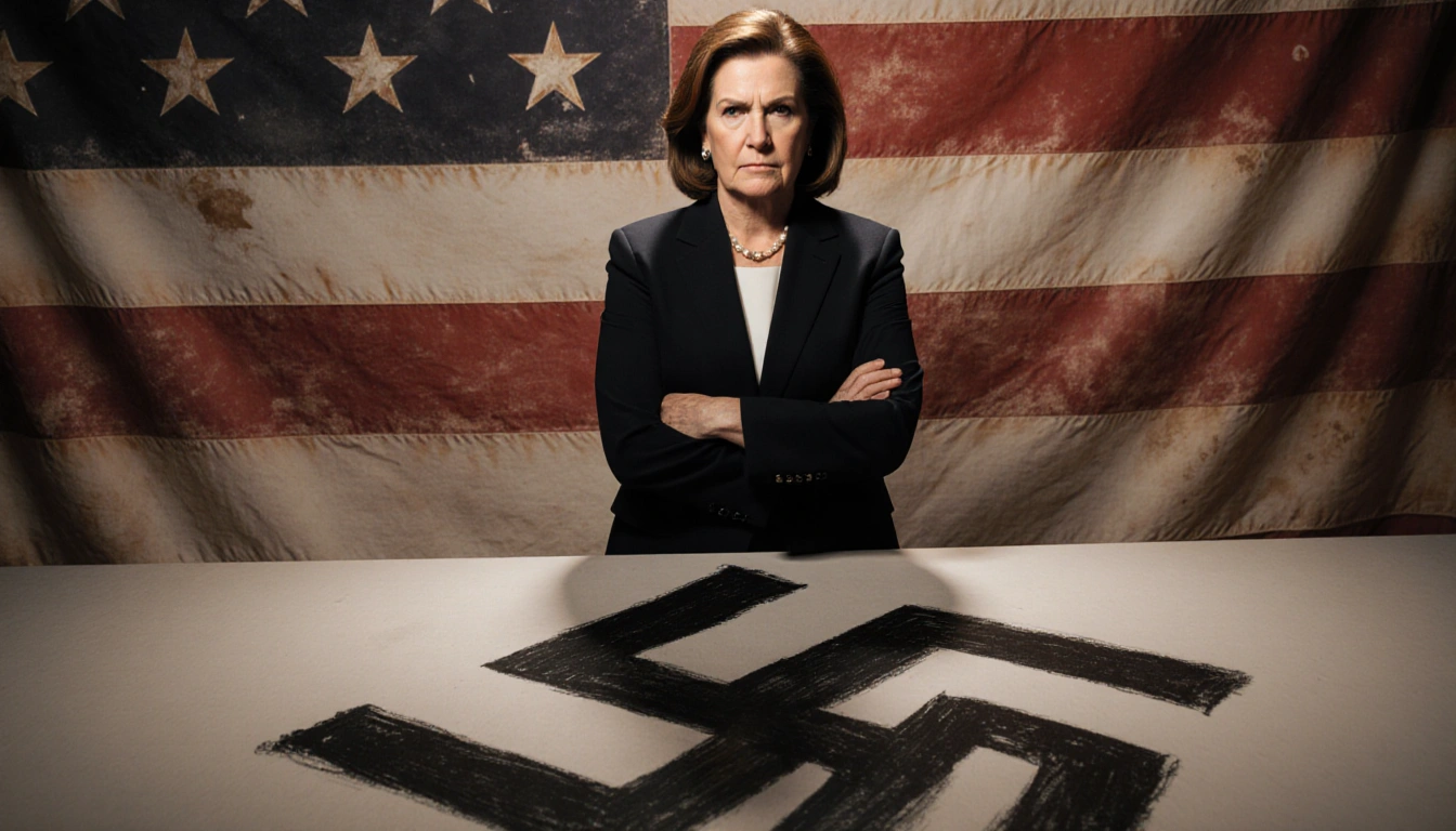 Senator Jacky Rosen stands with arms crossed beside a swastika on the floor and a flag backdrop.