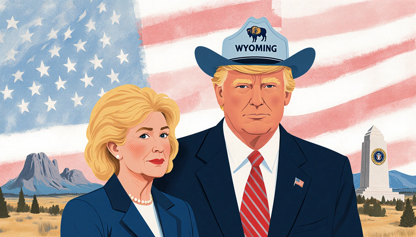 Senator Lummis standing beside President Trump with a Wyoming hat and a subtle American flag pattern behind them