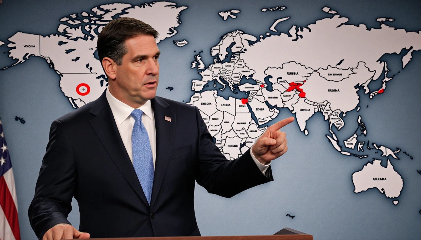 Senator Rubio points emphatically at world map with red marker highlighting Venezuela Russia Ukraine and Middle East in newsr