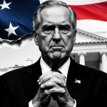 Senator Schumer stands determined with hands clasped in front of a torn American flag and DOJ building behind him.