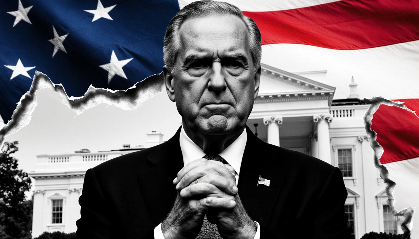 Senator Schumer stands determined with hands clasped in front of a torn American flag and DOJ building behind him.