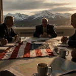 Senator staring at a wooden table with a partially torn American flag and maps in a tense meeting