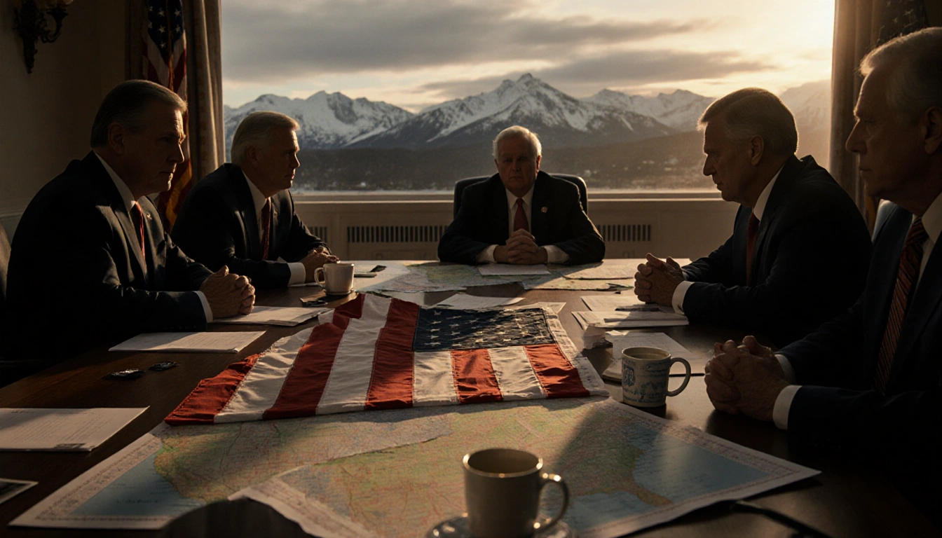 Senator staring at a wooden table with a partially torn American flag and maps in a tense meeting