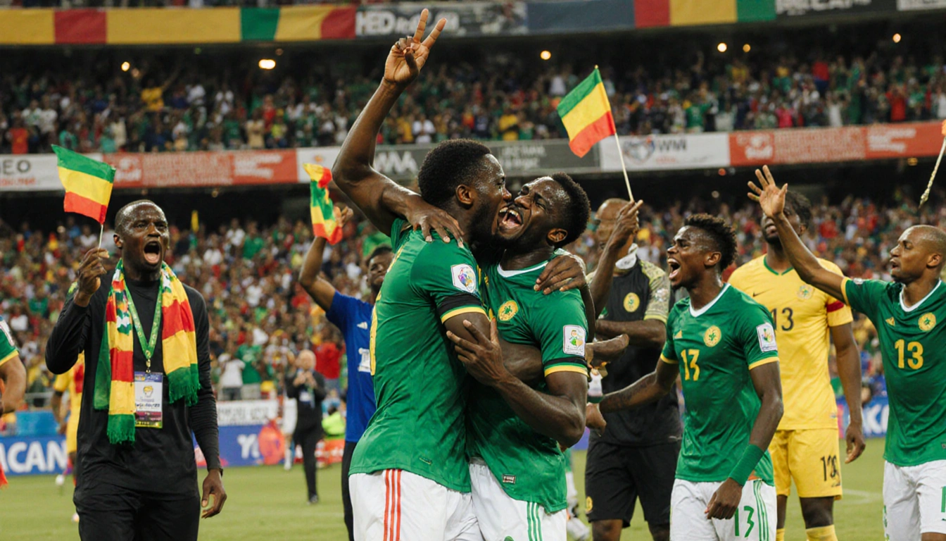 Senegal football players celebrating victory with teammates hugging and fans cheering in stadium.