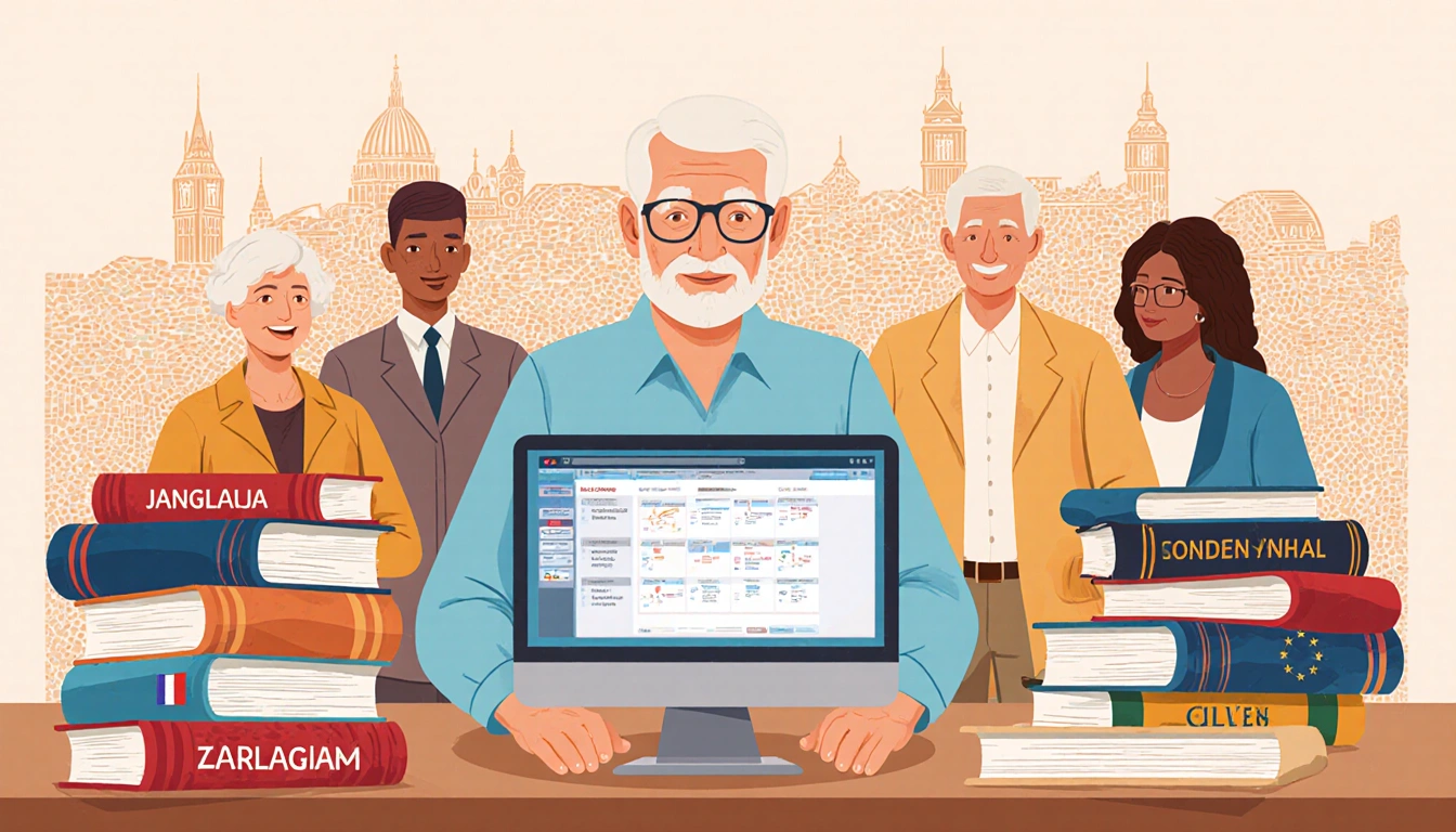 Senior adult practicing language learning with European classmates and a laptop against a warm cityscape backdrop