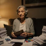 Senior Julia Dvorak sits on couch with wallet and pen amid unpaid medical bills and expired insurance cards feeling stress