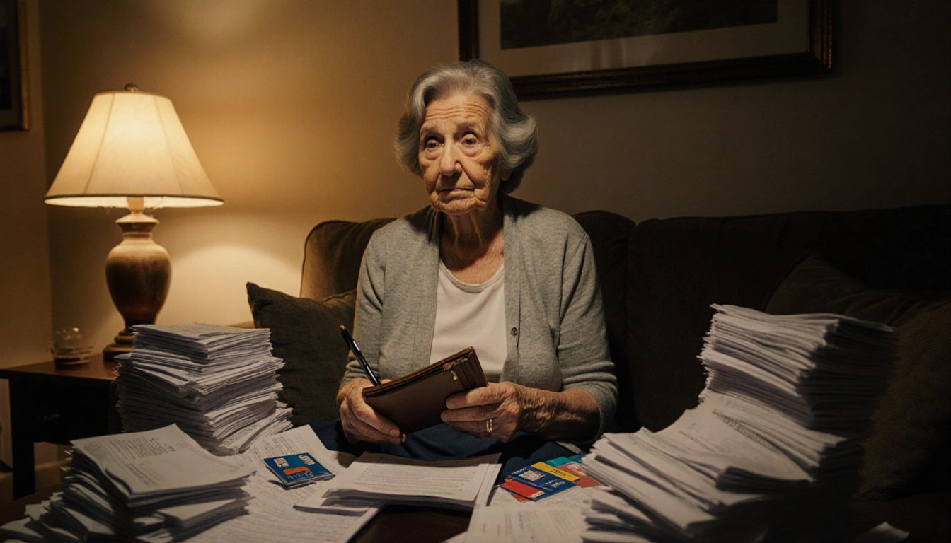 Senior Julia Dvorak sits on couch with wallet and pen amid unpaid medical bills and expired insurance cards feeling stress