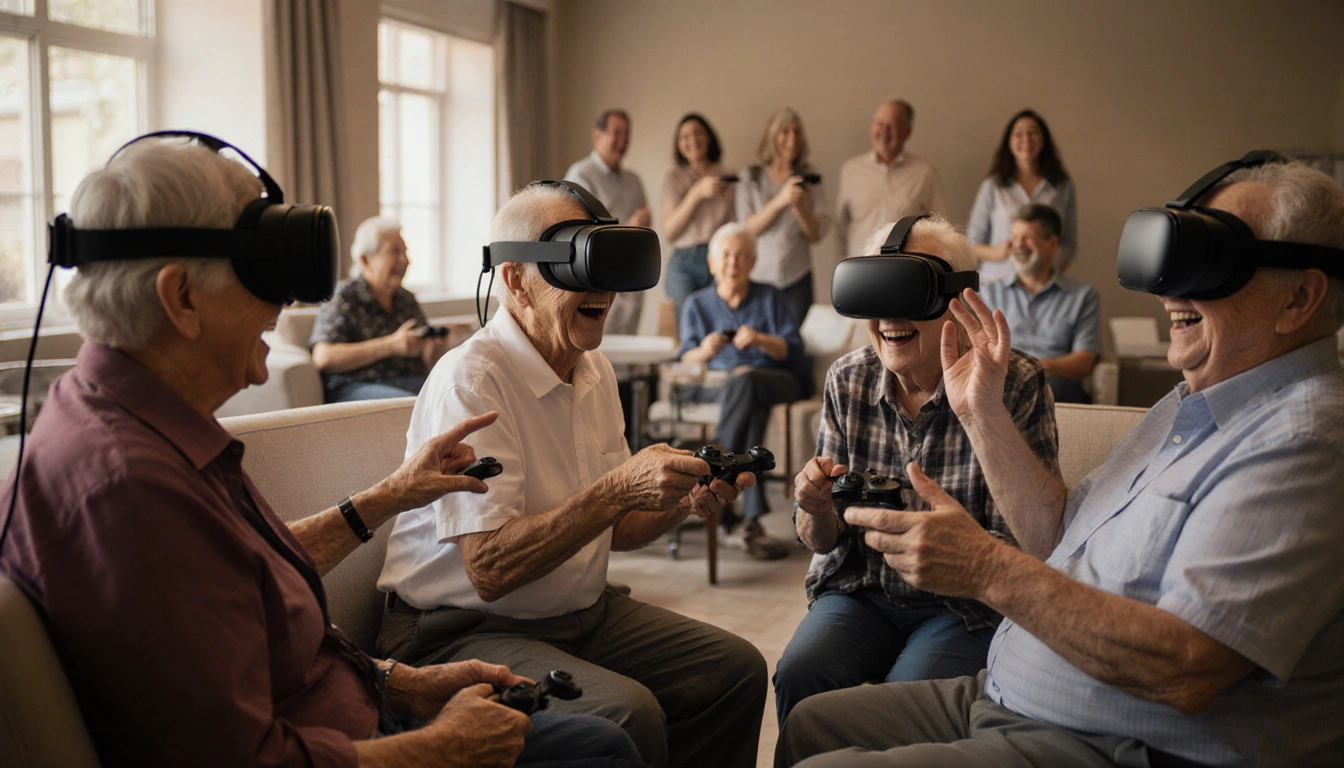 Seniors discussing after VR adventure with headsets and controllers in a warm communal lounge