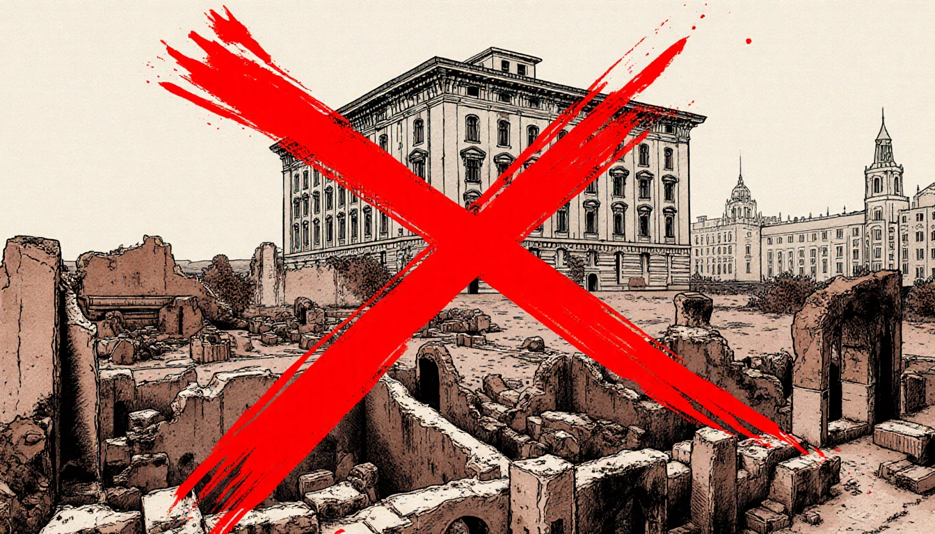 Imposing building looms over ruined military complex with red X and Serbian architecture showing heritage versus development
