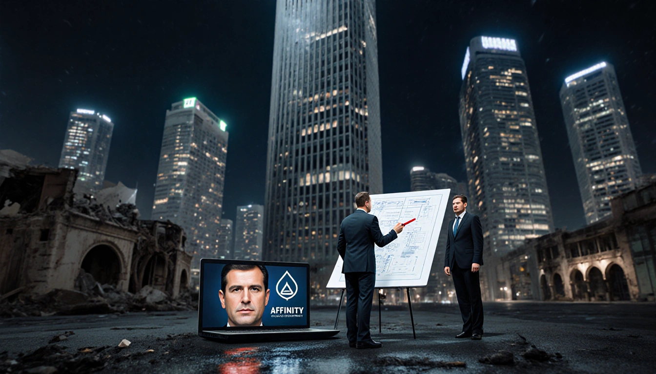 Nikola Selaković holds a red pen before a blueprint with Jared Kushner