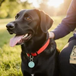 Andy the service dog sits beside his owner with a bright red collar under sunlight and a faded Canine Companions logo.
