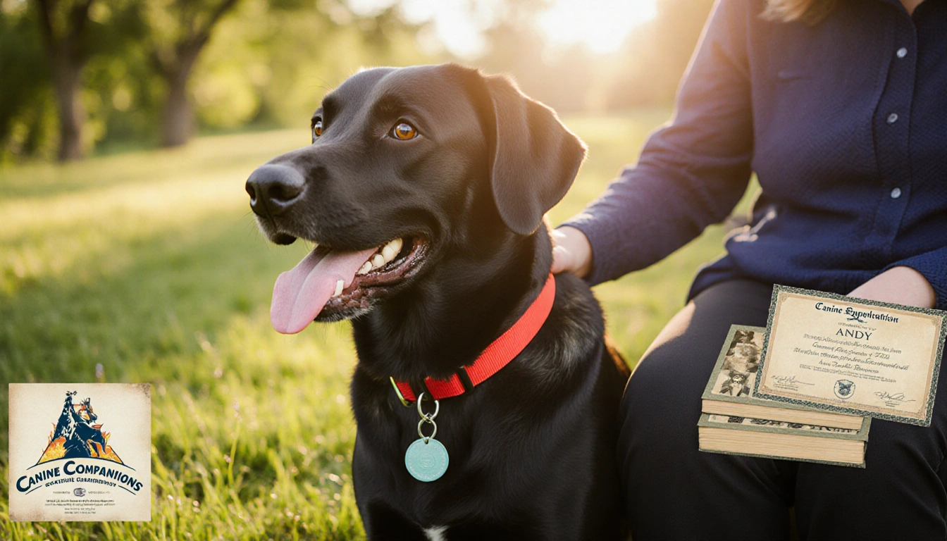 Andy the service dog sits beside his owner with a bright red collar under sunlight and a faded Canine Companions logo.
