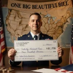 Service member holding a $1,776 check with golden-lit desk and patriotic banner near a folded flag