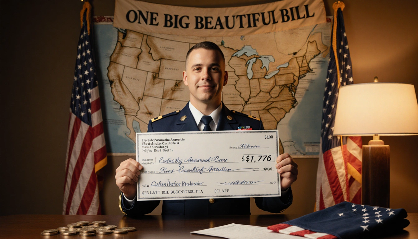 Service member holding a $1,776 check with golden-lit desk and patriotic banner near a folded flag