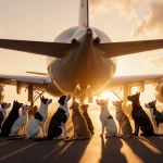 Animals gather around empty airplane with sunset glow and long shadows reflecting hope