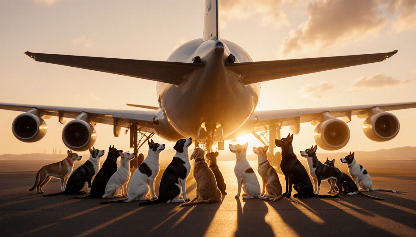 Animals gather around empty airplane with sunset glow and long shadows reflecting hope