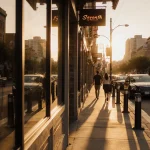 People strolling on a sidewalk on Seventh Street with sunset light and an Austin cityscape reflected in a restaurant window
