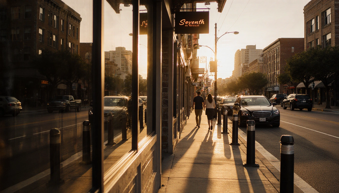 People strolling on a sidewalk on Seventh Street with sunset light and an Austin cityscape reflected in a restaurant window