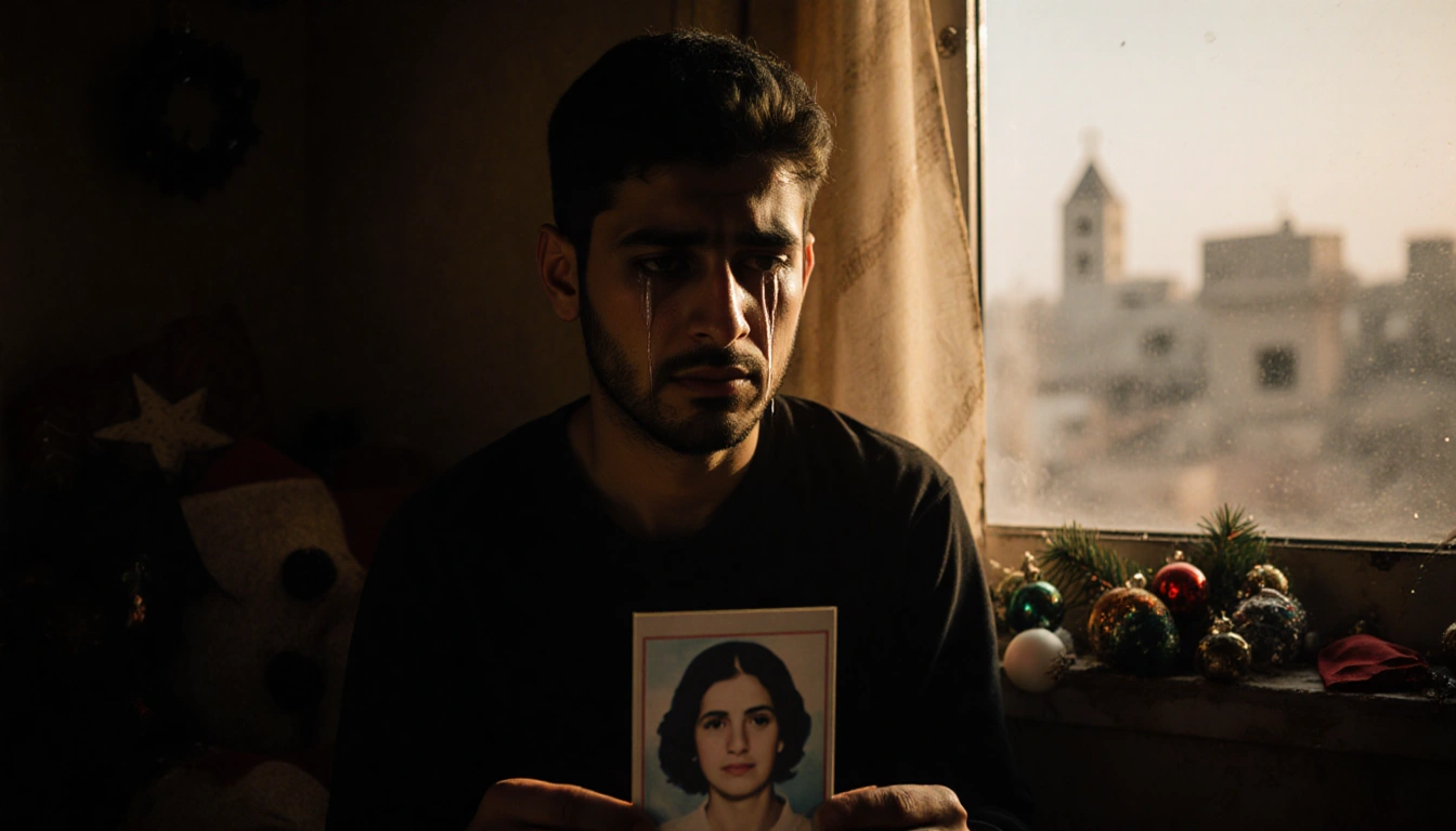 Shadi Abo Dowd sits crying holding his mother's photo with golden light and a distant Gaza view through a dim window.