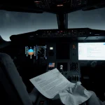 Crumpled sheet of paper lies on private jet cockpit floor with flag on control panel and glowing screen evoking secrecy.