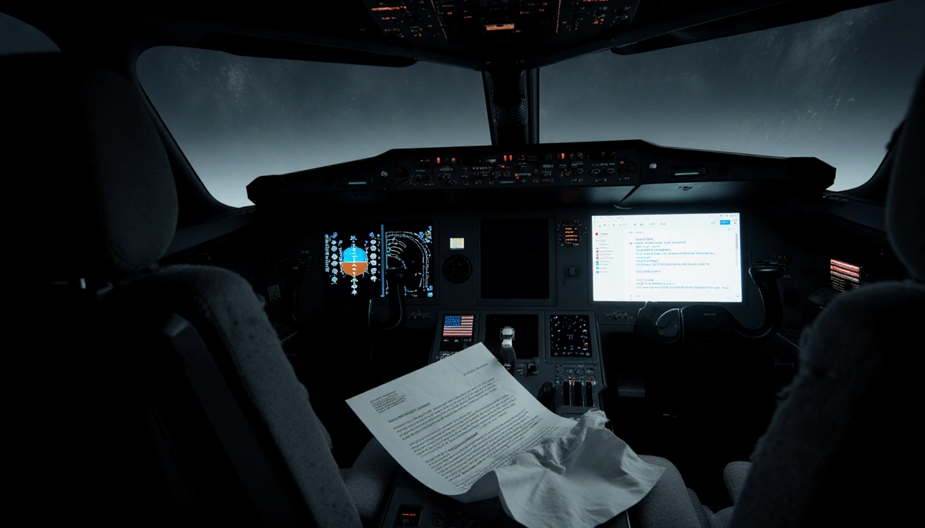 Crumpled sheet of paper lies on private jet cockpit floor with flag on control panel and glowing screen evoking secrecy.