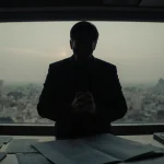 Shadowy figure stands at desk with a partially filled plan document near a blurred cityscape hands clasped faint Gaza glow