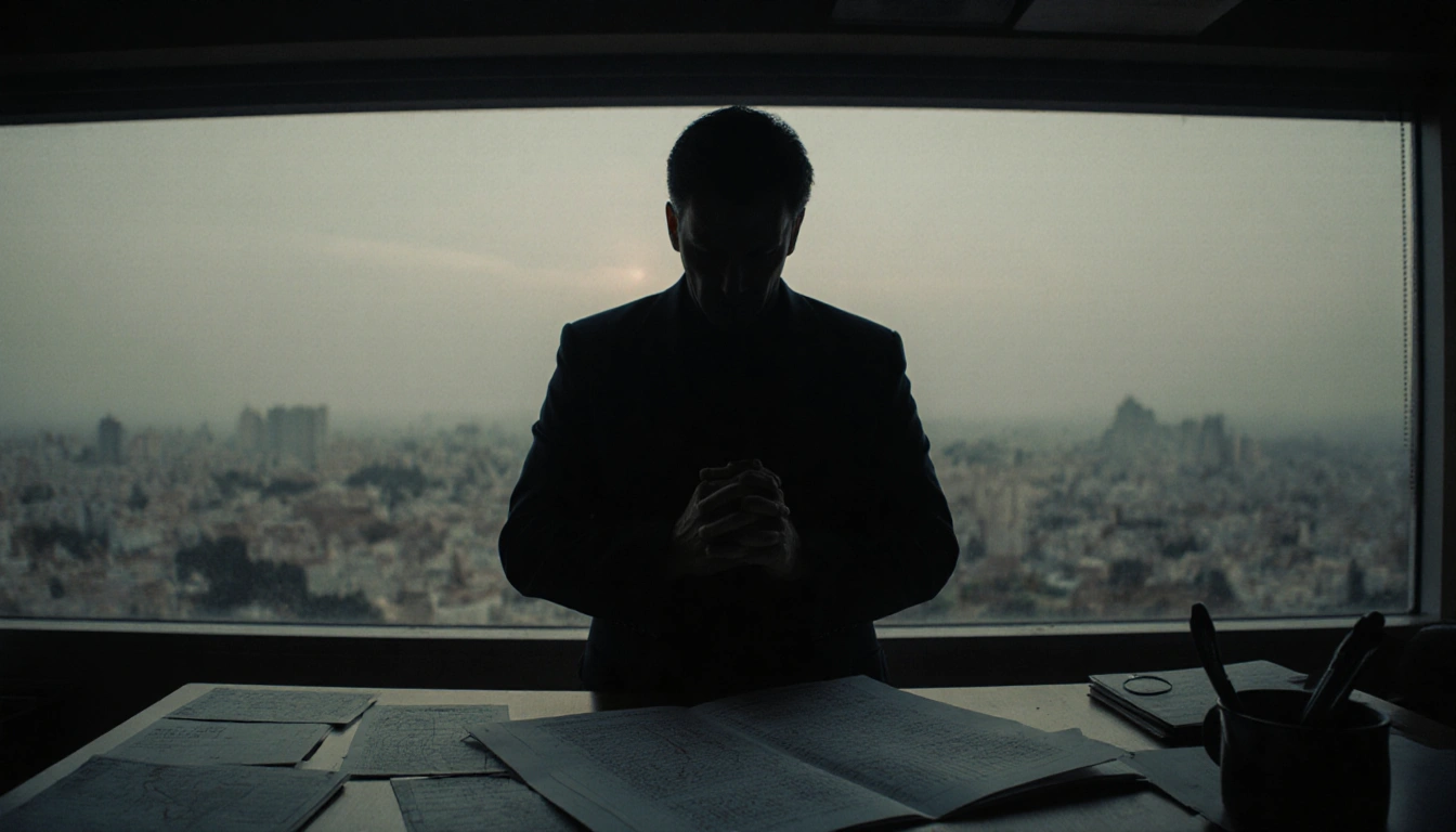 Shadowy figure stands at desk with a partially filled plan document near a blurred cityscape hands clasped faint Gaza glow