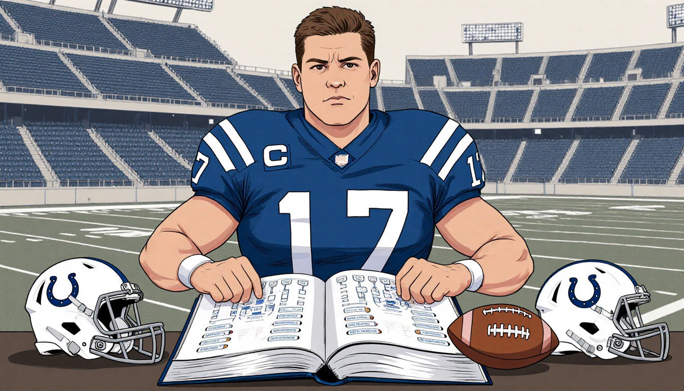 Shane Steichen standing with a Colts playbook and scattered helmets as a deserted stadium looms in the background.