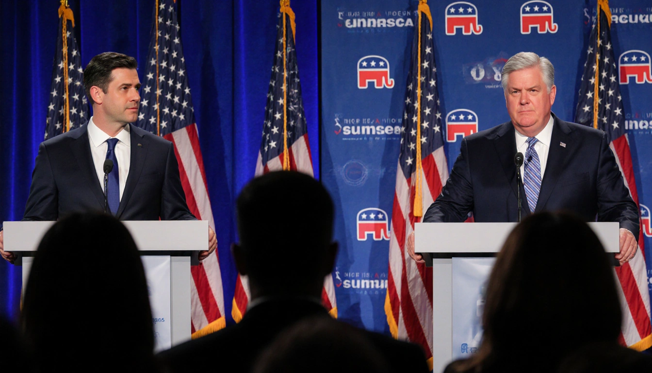 Ben Shapiro and Tucker Carlson stand on two sides of a podium with American flags and ideological divide.