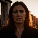 CBS correspondent Sharyn Alfonsi standing before a worn metal prison gate with orange sunset glow and distant rusty bars.
