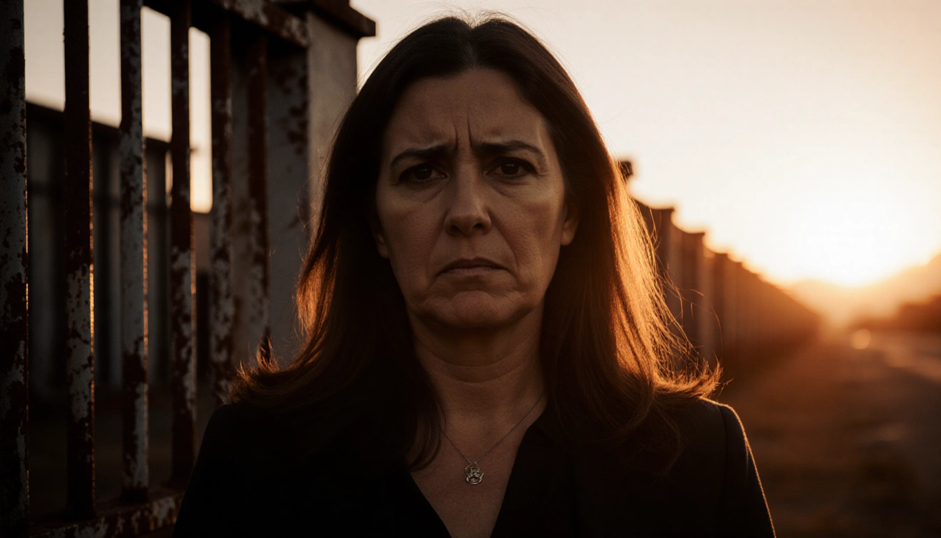 CBS correspondent Sharyn Alfonsi standing before a worn metal prison gate with orange sunset glow and distant rusty bars.