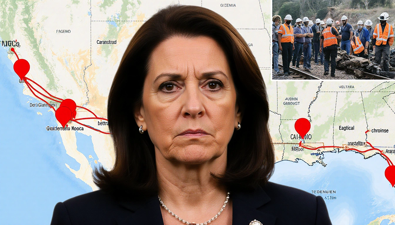 President Claudia Sheinbaum pointing at Mexico train map with red crash markers and rescue workers in background.