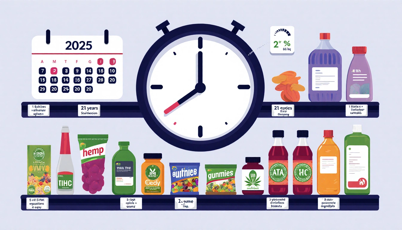 Countdown timer on a hemp shelf with lower-THC items replacing higher-THC and 2025 calendar deadline